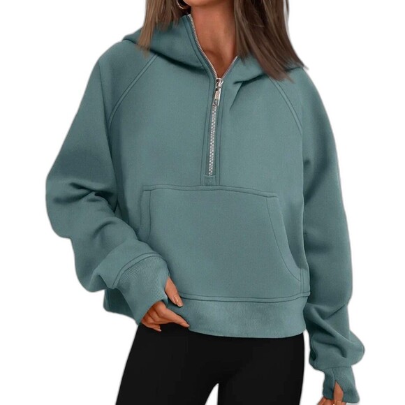 NWT Women's Hoodie Athleisure Cropped  Qtr Zip Sweatshirt Top Pullover Green XL - Picture 1 of 6